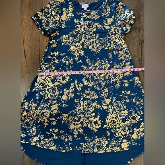 LuLaRoe Carly Dress Blue with Metallic Gold Floral Design Size Small - Picture 10 of 11